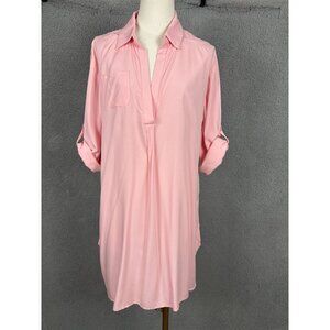 Ekouaer Pink 3/4 Roll Tab Sleeve Collared Tunic Shirt With Pocket Medium NWT's
